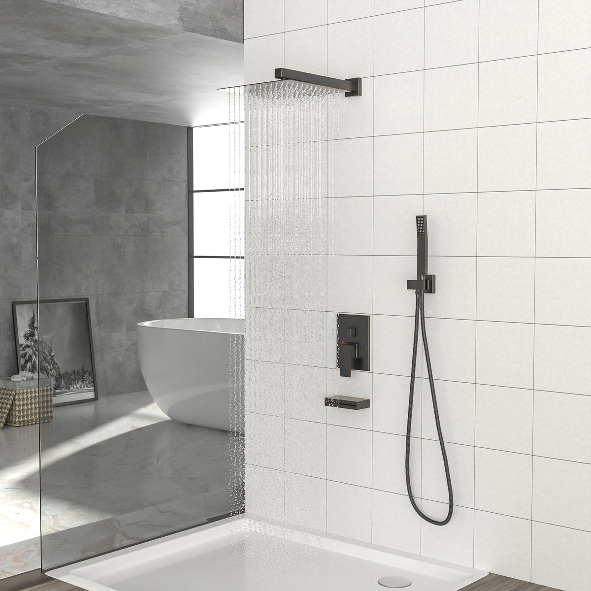 Square Shower System with Waterfall Tub Spout and Valve - Black