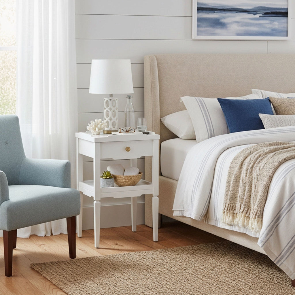 1 Drawer Nightstand with Solid Wood Frame - Blue, Dark Green, or White
