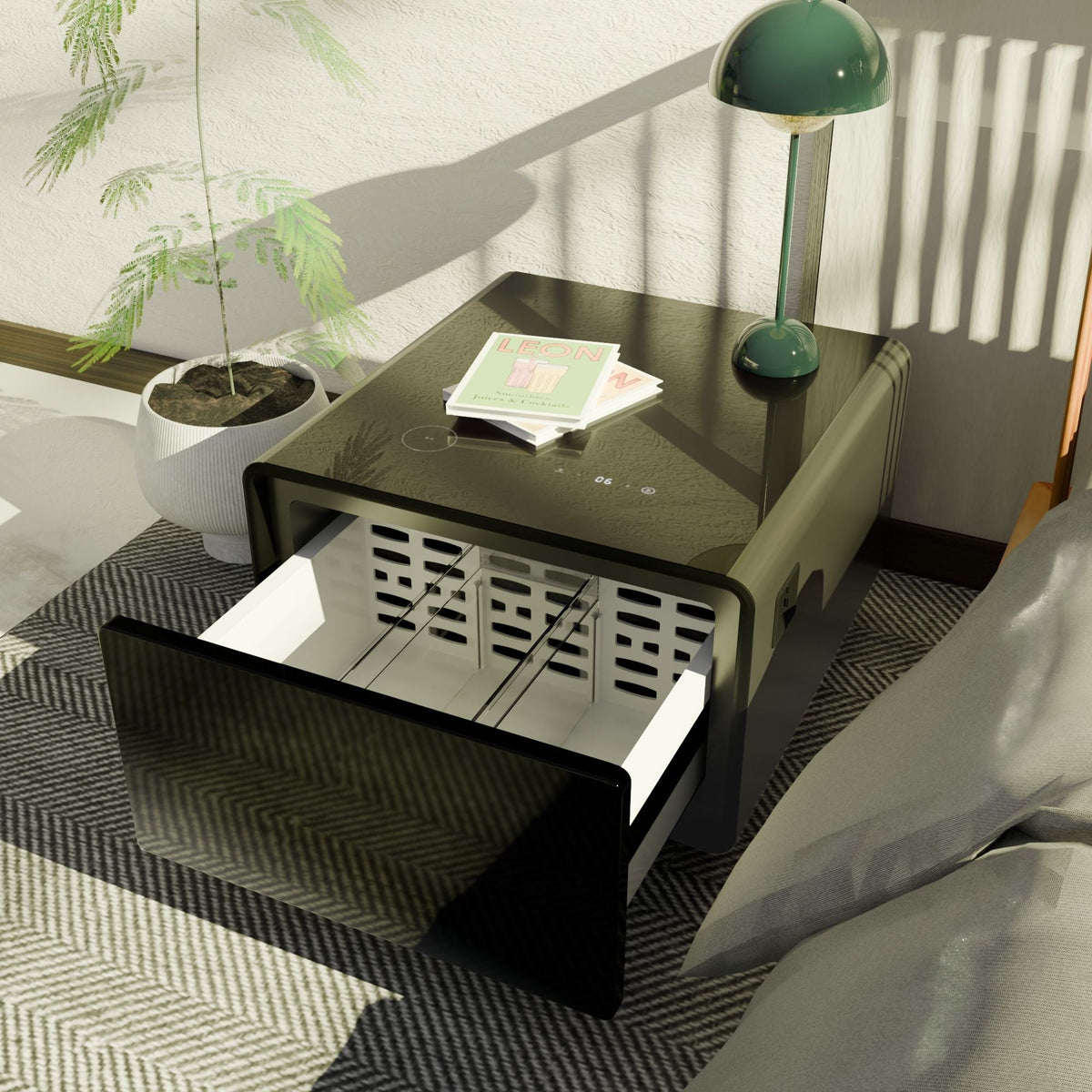 Modern Smart Side Table with Built-In Fridge and Wireless Charging - Black or White