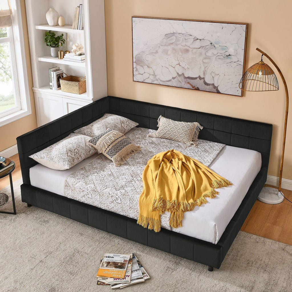 Mid-Century Storage Upholstered Tufted Bed Frame with Backrest and Armrests - Multiple Colors