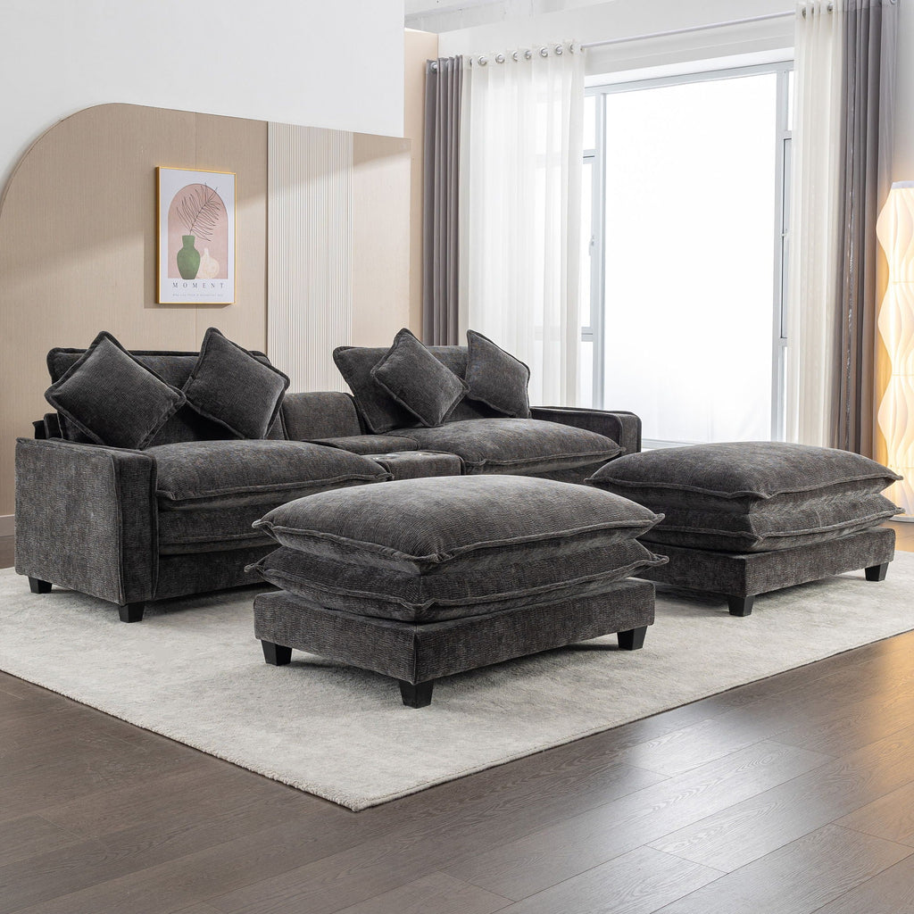 Modern Sectional Sofa with Removable Ottomans, USB Ports - Dark Gray or Light Blue