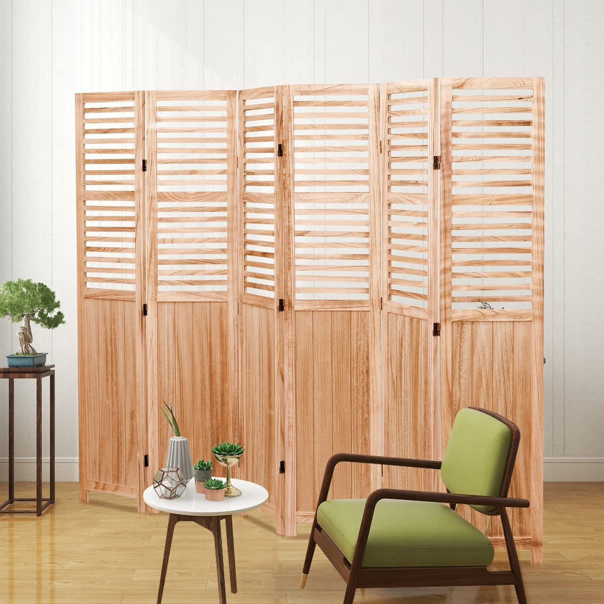 Light Brown Panel Folding Room Divider with Metal Hinges - Solid Wood