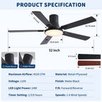 Flush Mount Ceiling Fan with LED Light and Remote Control - Black, White, Pearl Silver
