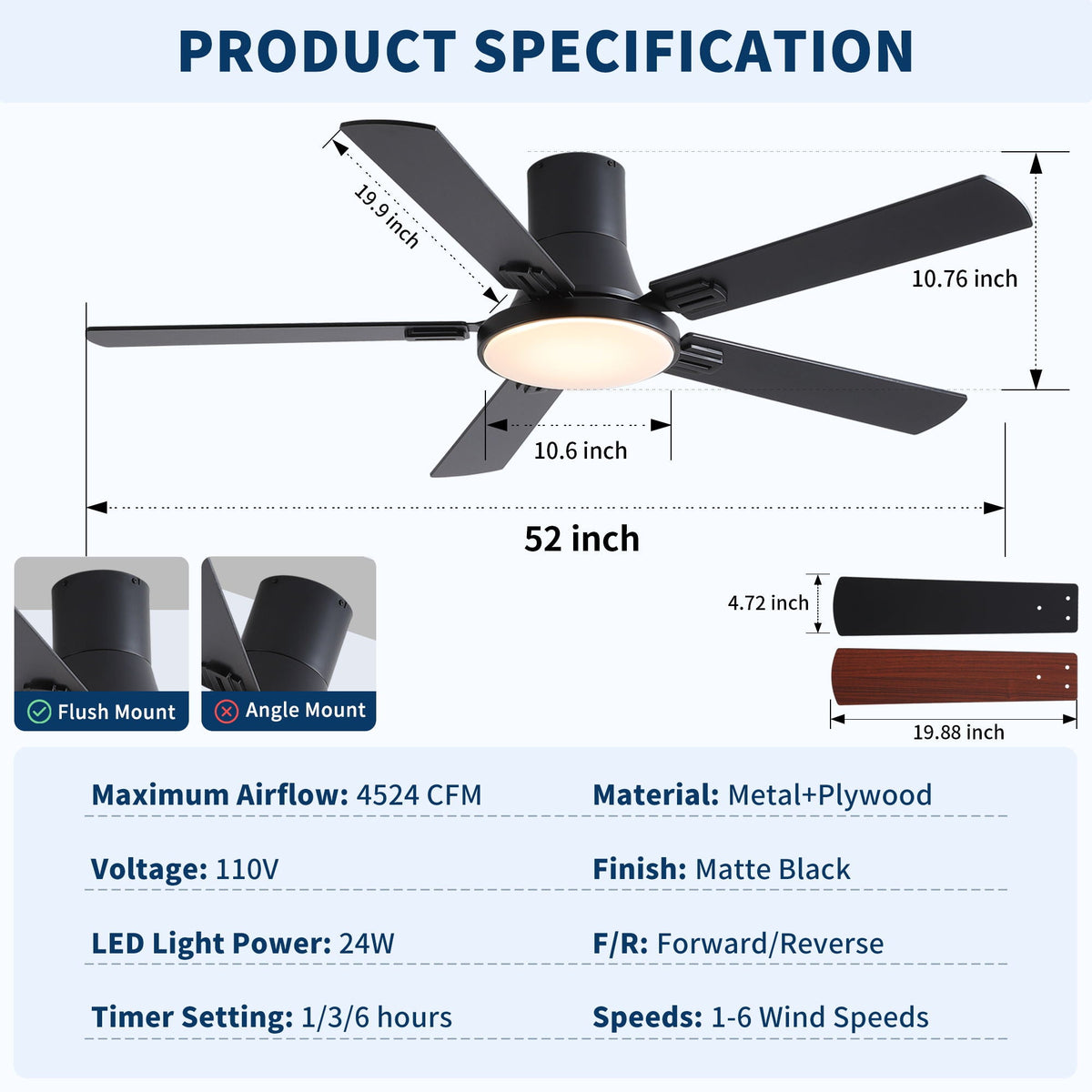 Flush Mount Ceiling Fan with LED Light and Remote Control - Black, White, Pearl Silver