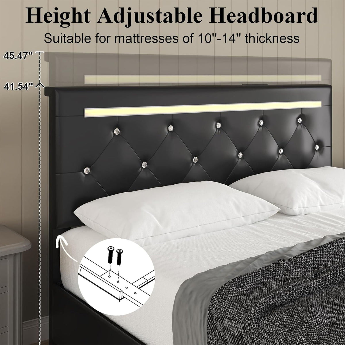 Upholstered Storage Bed Frame with LED Lights and Drawers – White or Black