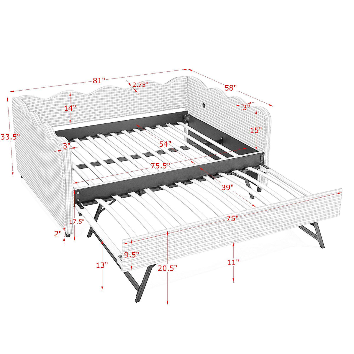 Gingham Daybed with USB Charging Port and Wave-Shaped Design - Multiple Colors