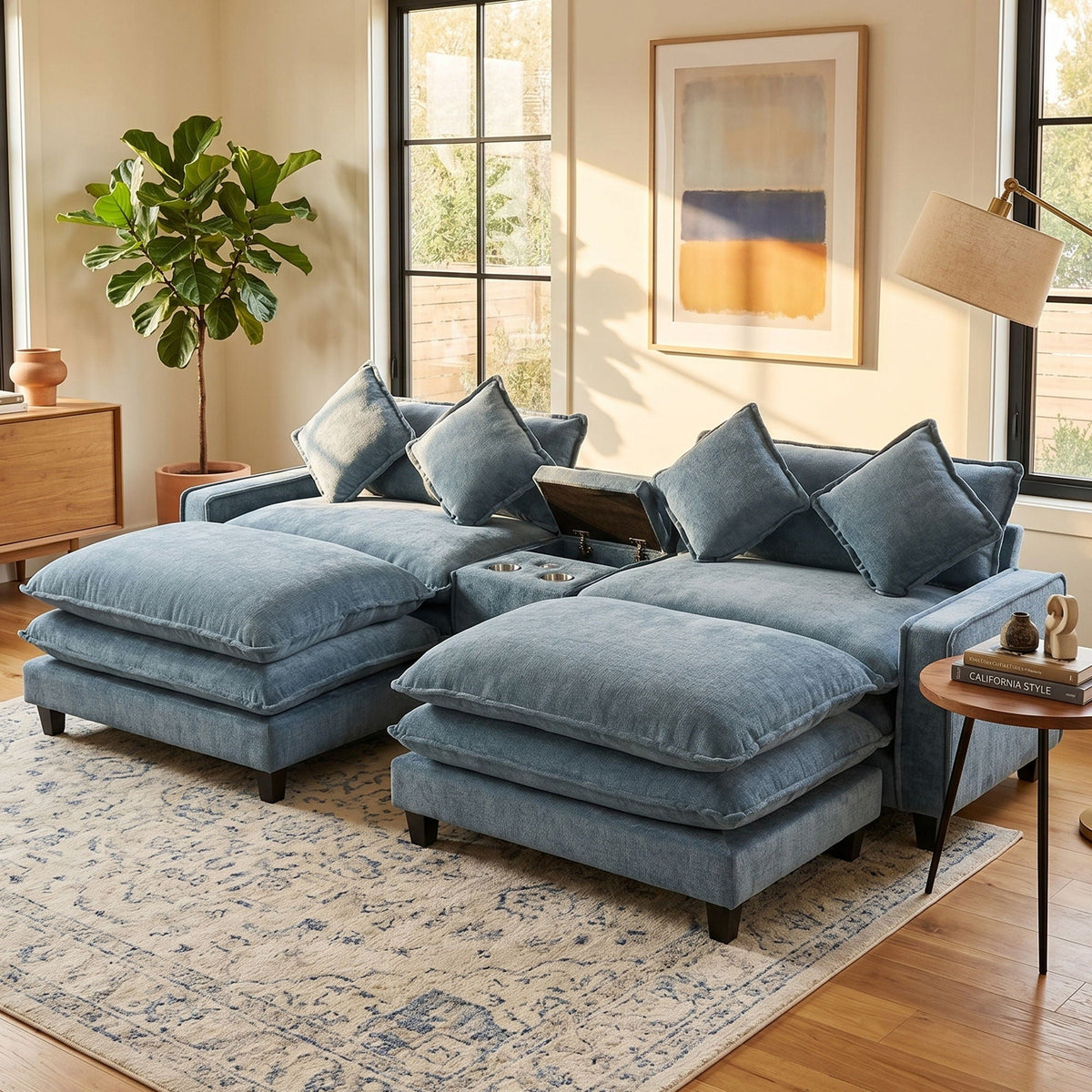 Modern Sectional Sofa with Removable Ottomans, USB Ports - Dark Gray or Light Blue