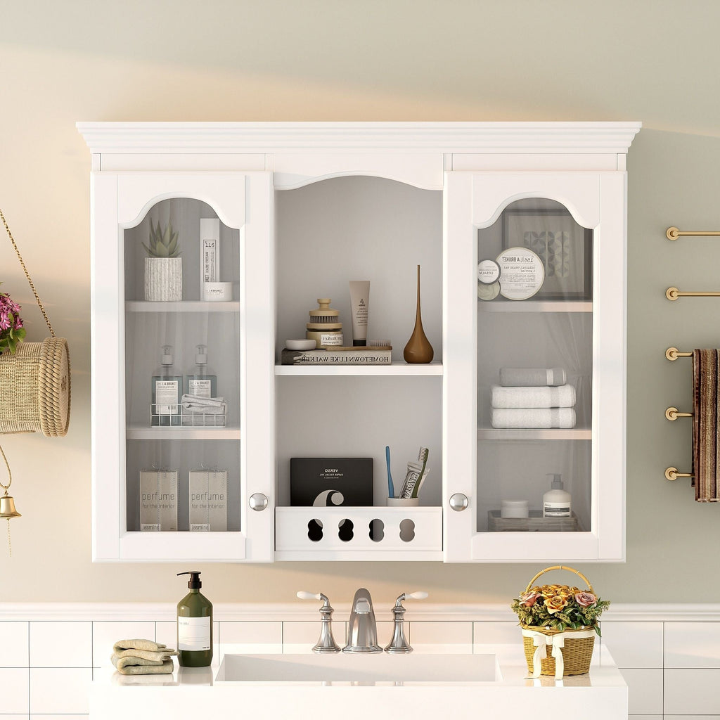 Wall-Mounted Medicine Cabinet with 2 Glass Doors and Adjustable Shelves - White