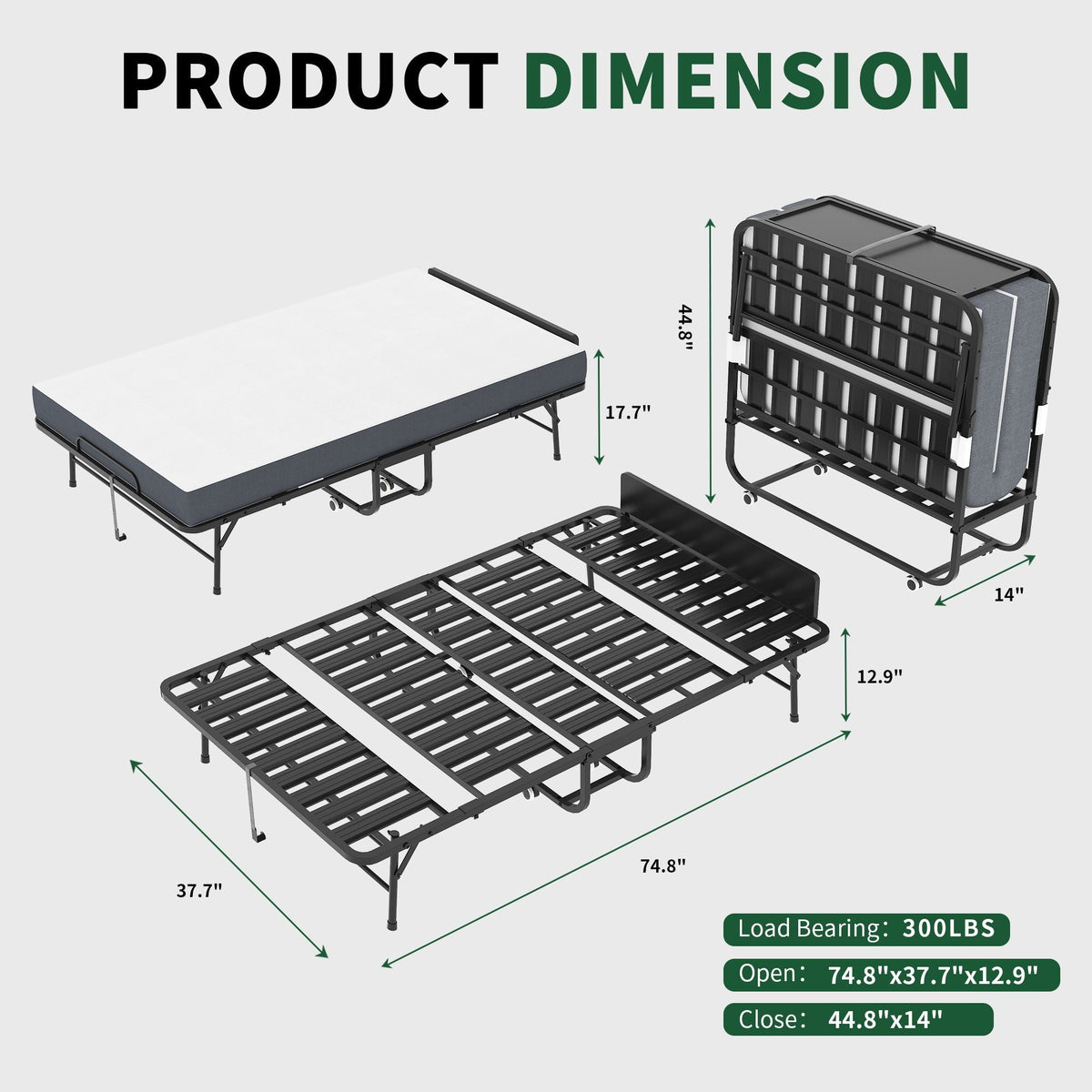 Twin Adjustable Headboard Folding Bed With Memory Foam Mattress