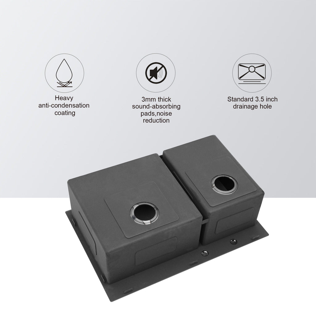 Double Bowl Kitchen Sink 16 Gauge with 2 10" Deep Basins - Gunmetal Black