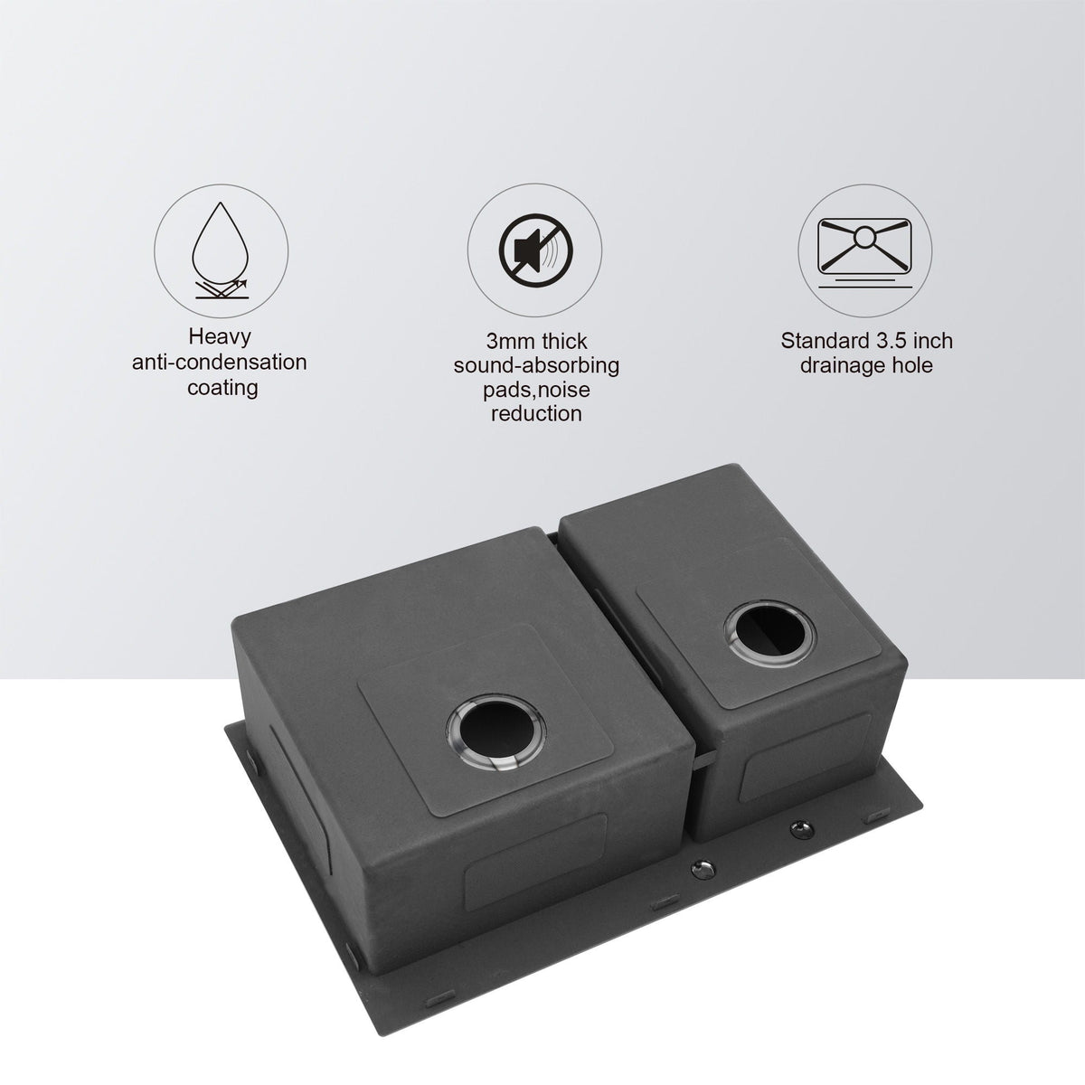 Double Bowl Kitchen Sink 16 Gauge with 2 10" Deep Basins - Gunmetal Black