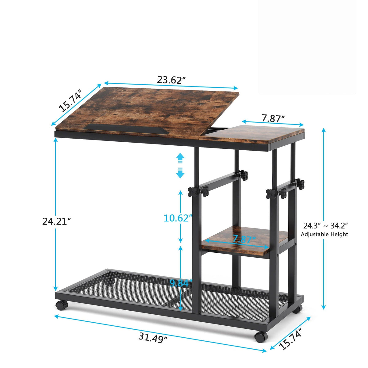 C-Shaped Adjustable End Table with Tilting Top and Storage - Brown / Black