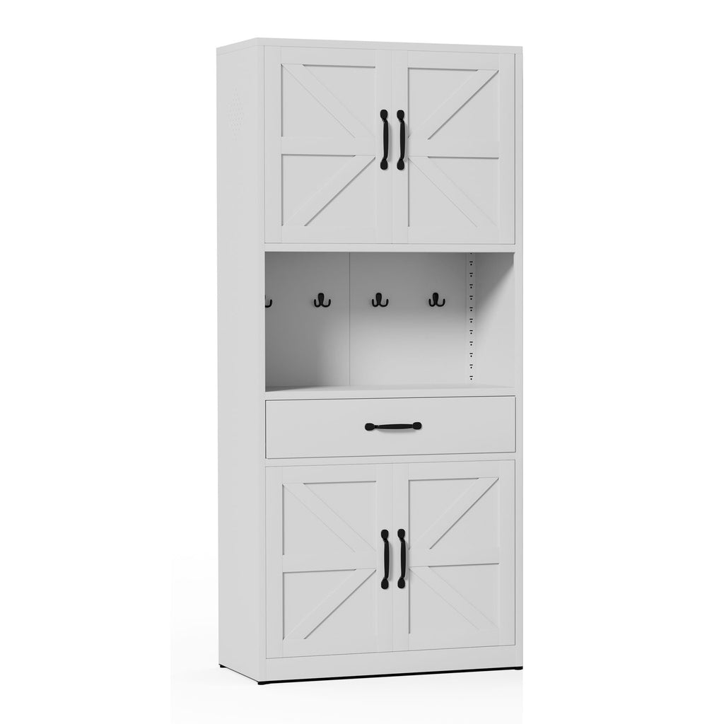 White Steel Kitchen Pantry Cabinet with Adjustable Shelves, Drawers and Hooks