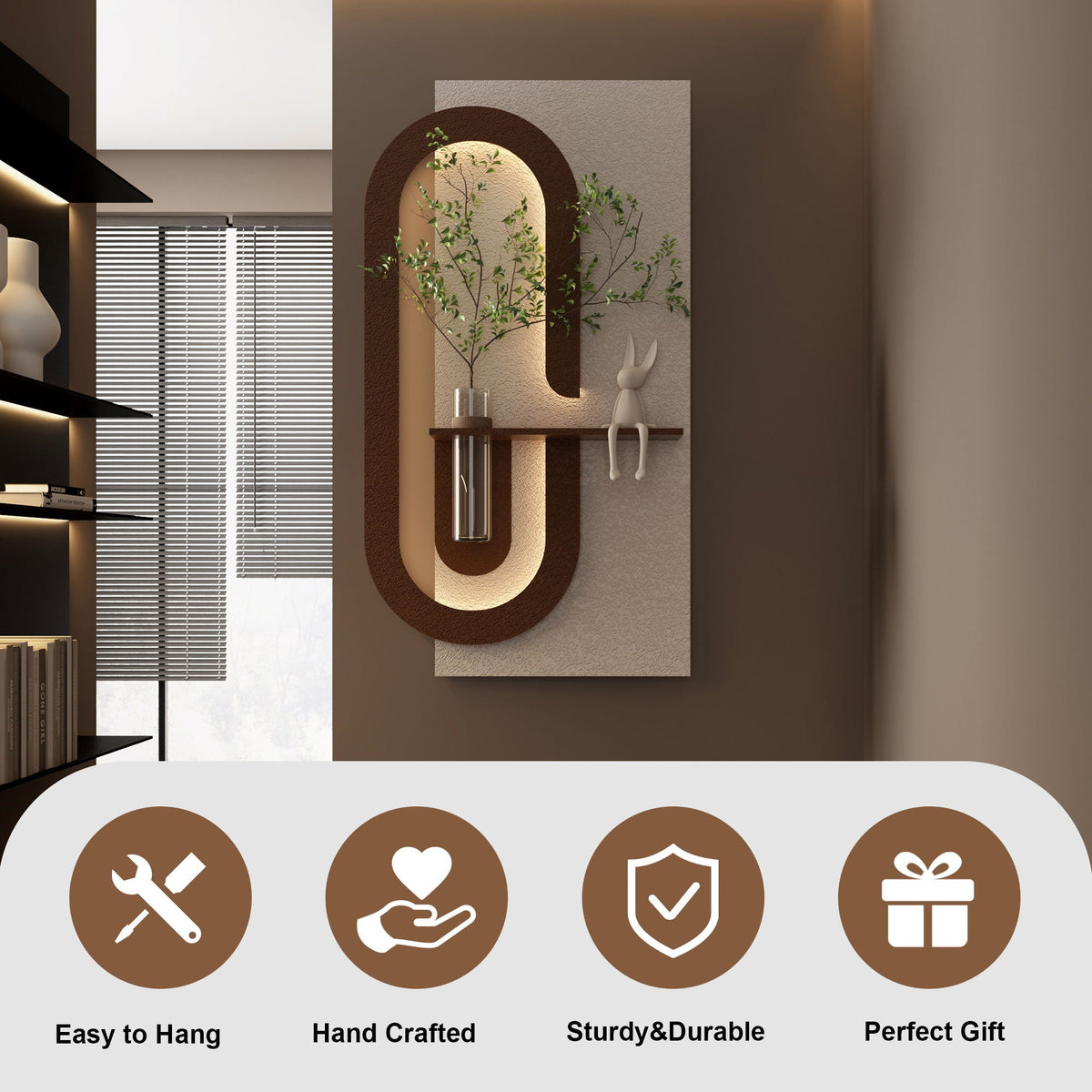 Adjustable LED Sandstone Wall Decor with 3D Art, Glass Vase & Rabbit Statue - Light Coffee