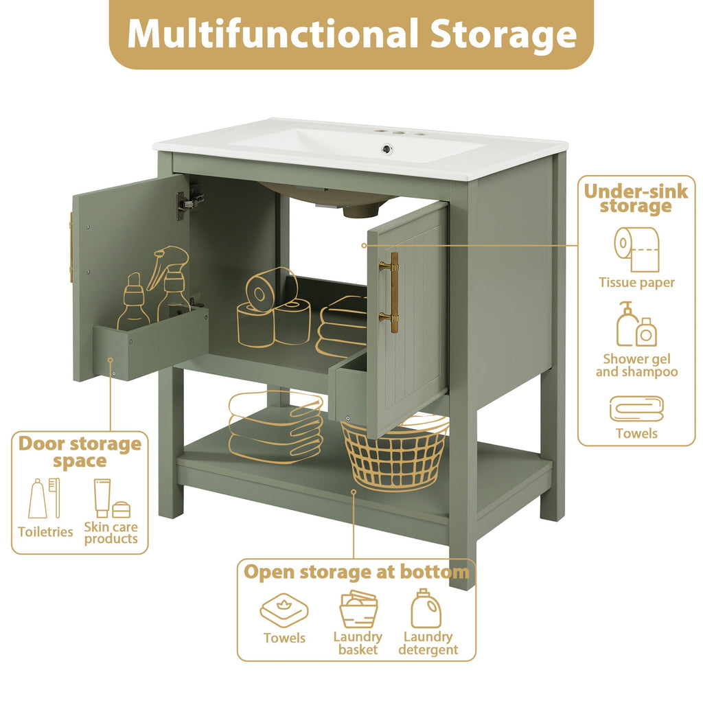 Elegant Bathroom Vanity with Ceramic Sink and Storage - White or Green