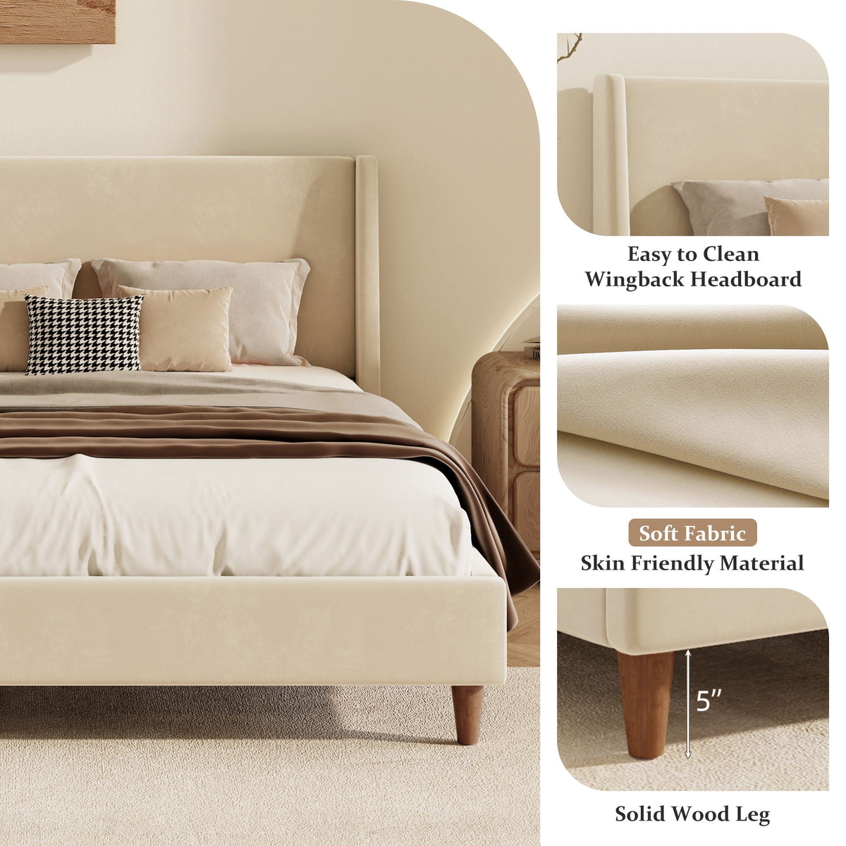 Upholstered Modern Platform Bed with Wingback Headboard - Beige or White
