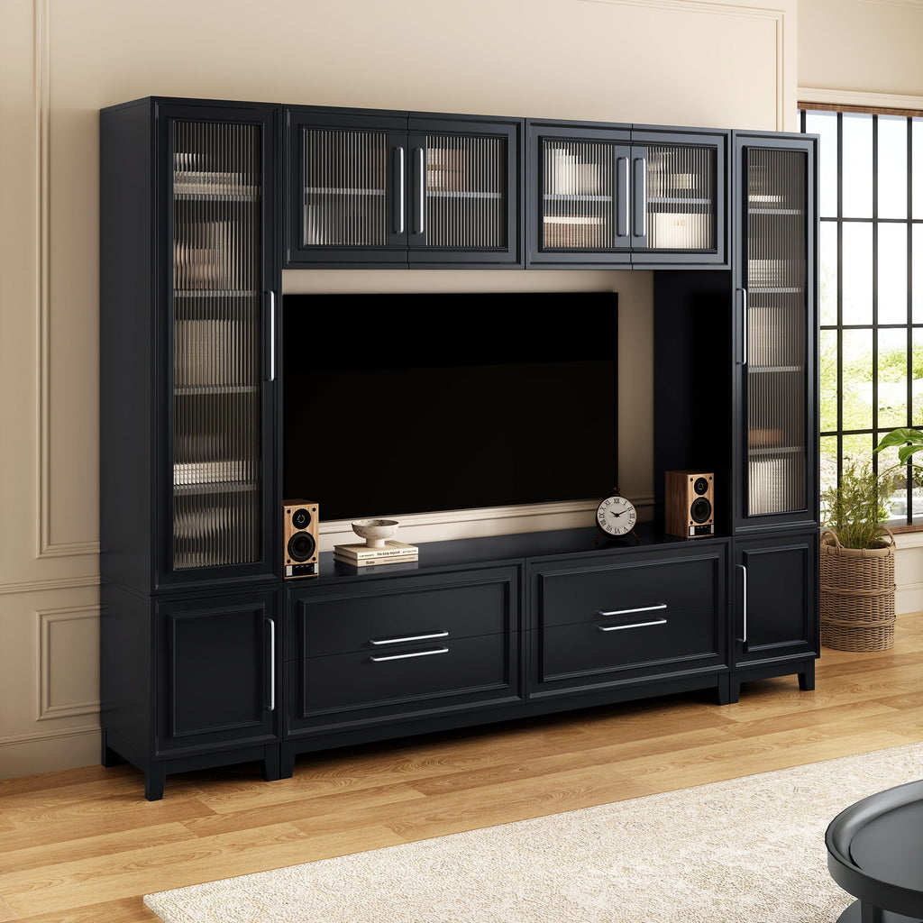 Modern Entertainment Center with Fluted Glass Doors - White or Black