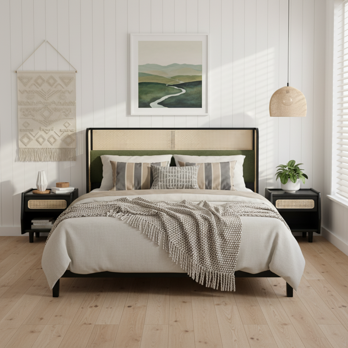 Queen Size Bed Frame with Plush Green Upholstered Headboard - Green