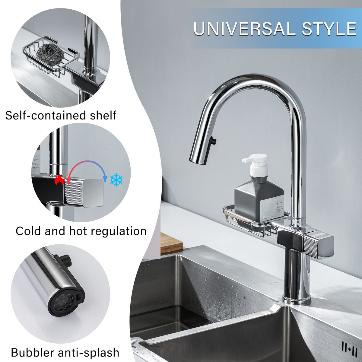 High Arc Pull Down Kitchen Faucet with Built-In Shelf - Pearl Silver or Gold