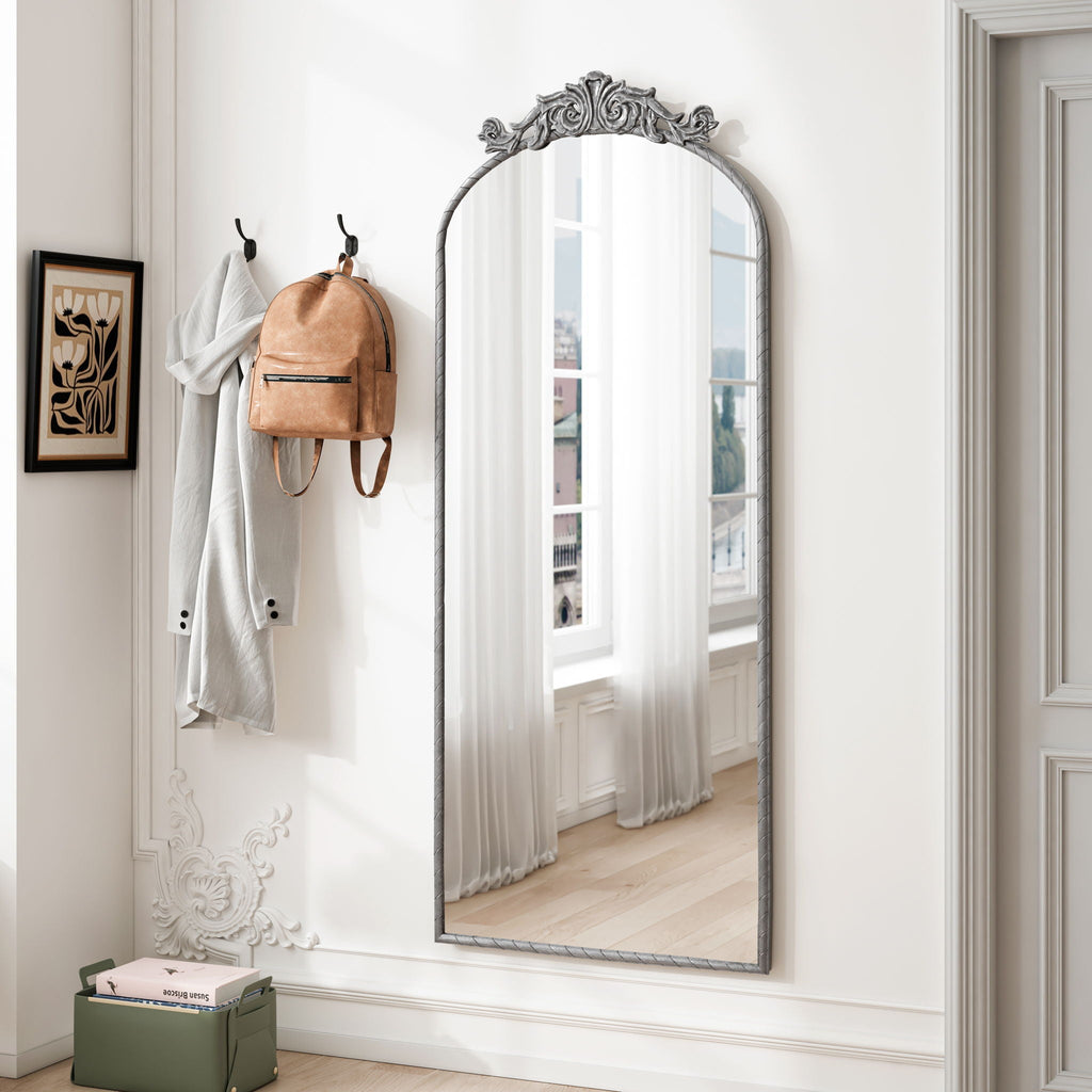 Vintage Arched Full Body Mirror with Carved Applique - Bronze or Pearl Silver