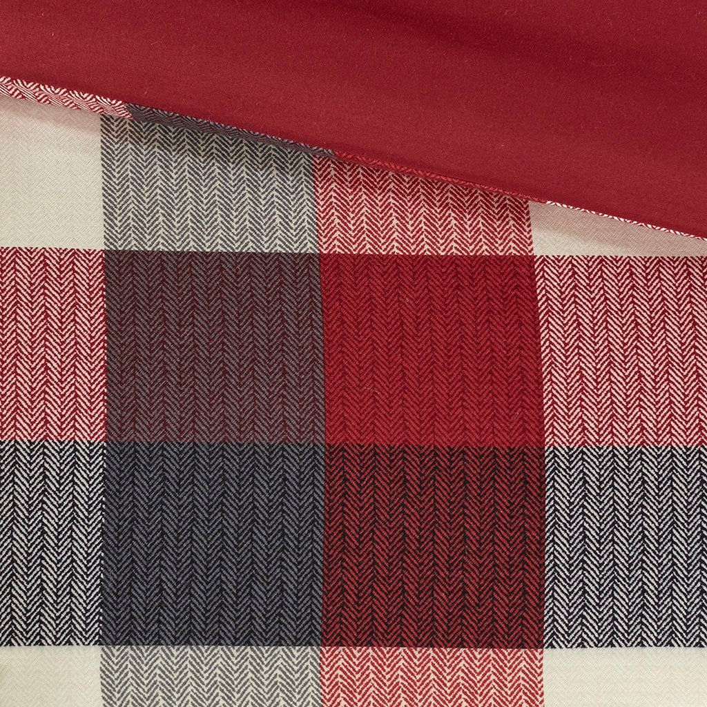 Red Herringbone King Comforter Set with Buffalo Plaid Pattern - 7 Piece