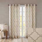 Fretwork Print Grommet Top Window Curtain Panel with Sunlight Filtering - Beige/Grey