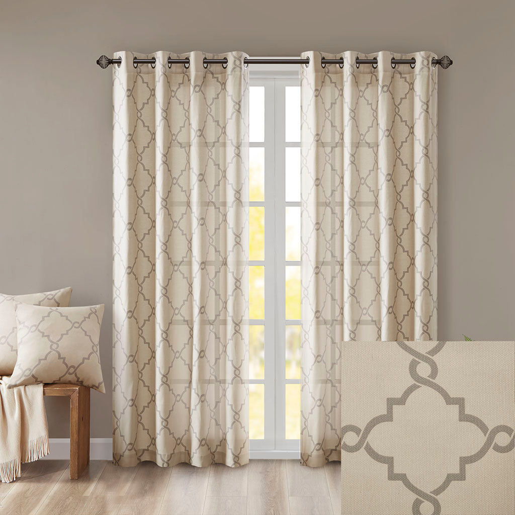 Fretwork Print Grommet Top Window Curtain Panel with Sunlight Filtering - Beige/Grey
