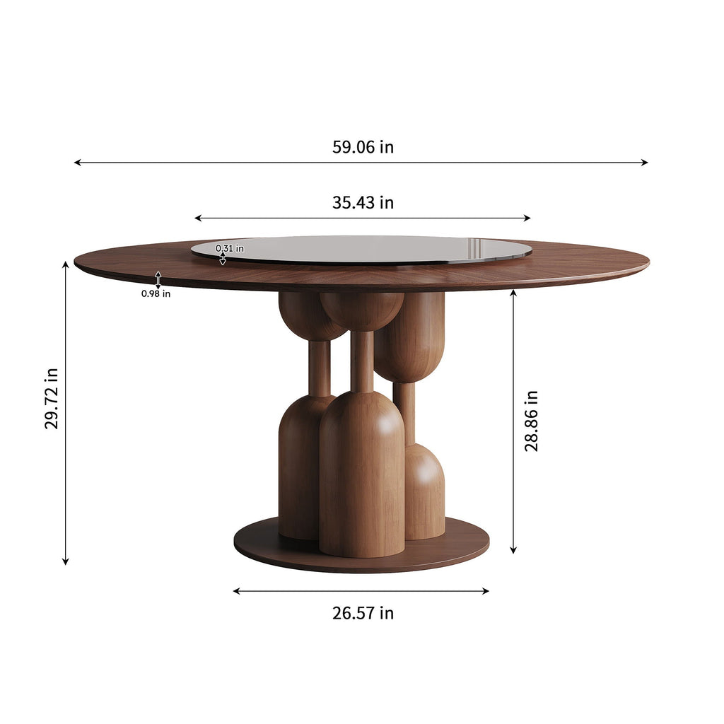 Round Walnut Dining Table with Glass Lazy Susan - Solid Oak