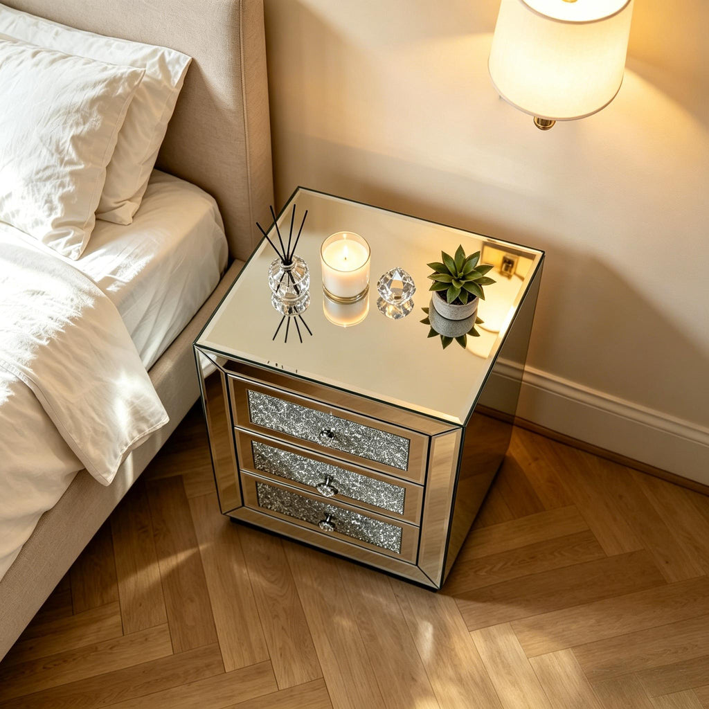 3 Drawer Nightstand with Glass Accents - Silver