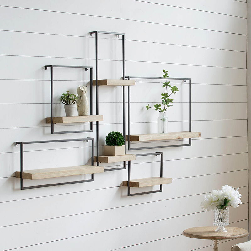 Black Brown Wall Shelf with Industrial Iron Frame and Fir Wood