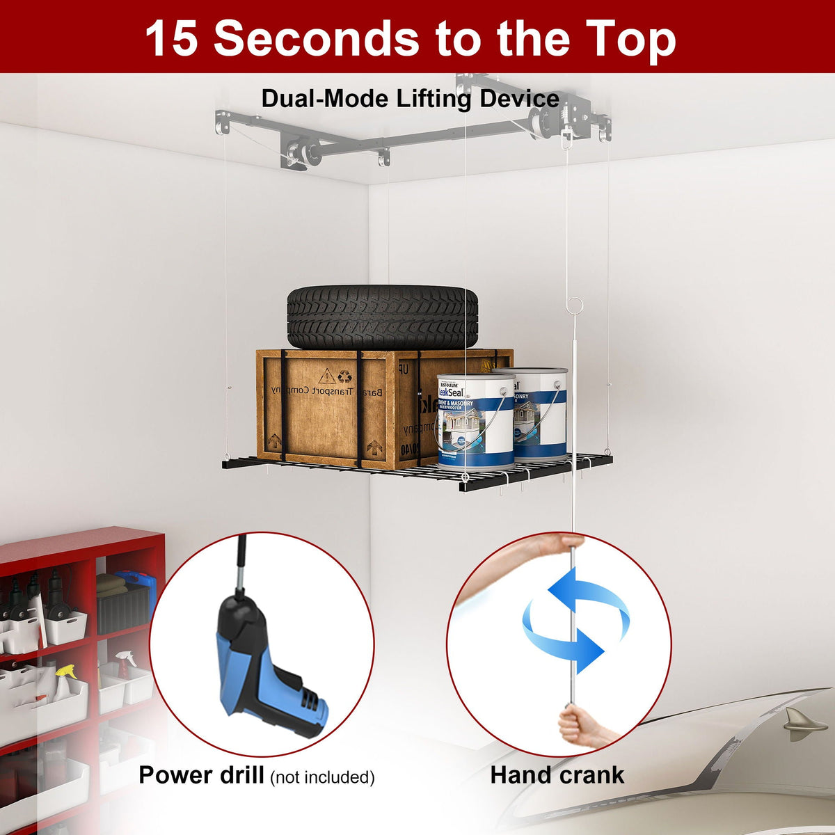 Overhead Garage Storage Rack with Crank System - Black or White