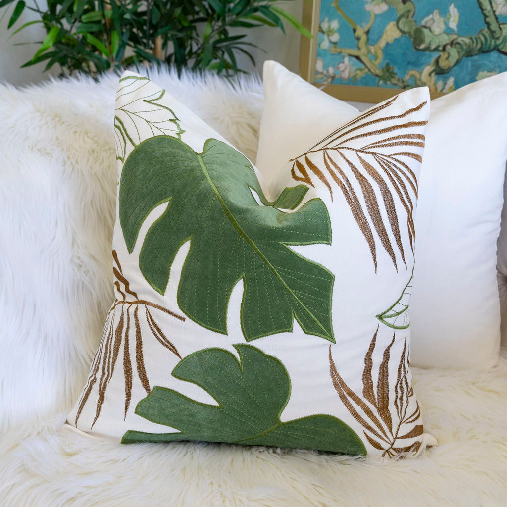 Autumn Vibes Leaf Accent Pillow with Soft Texture - Green, Dark Gray, Light Blue, Yellow, Orange