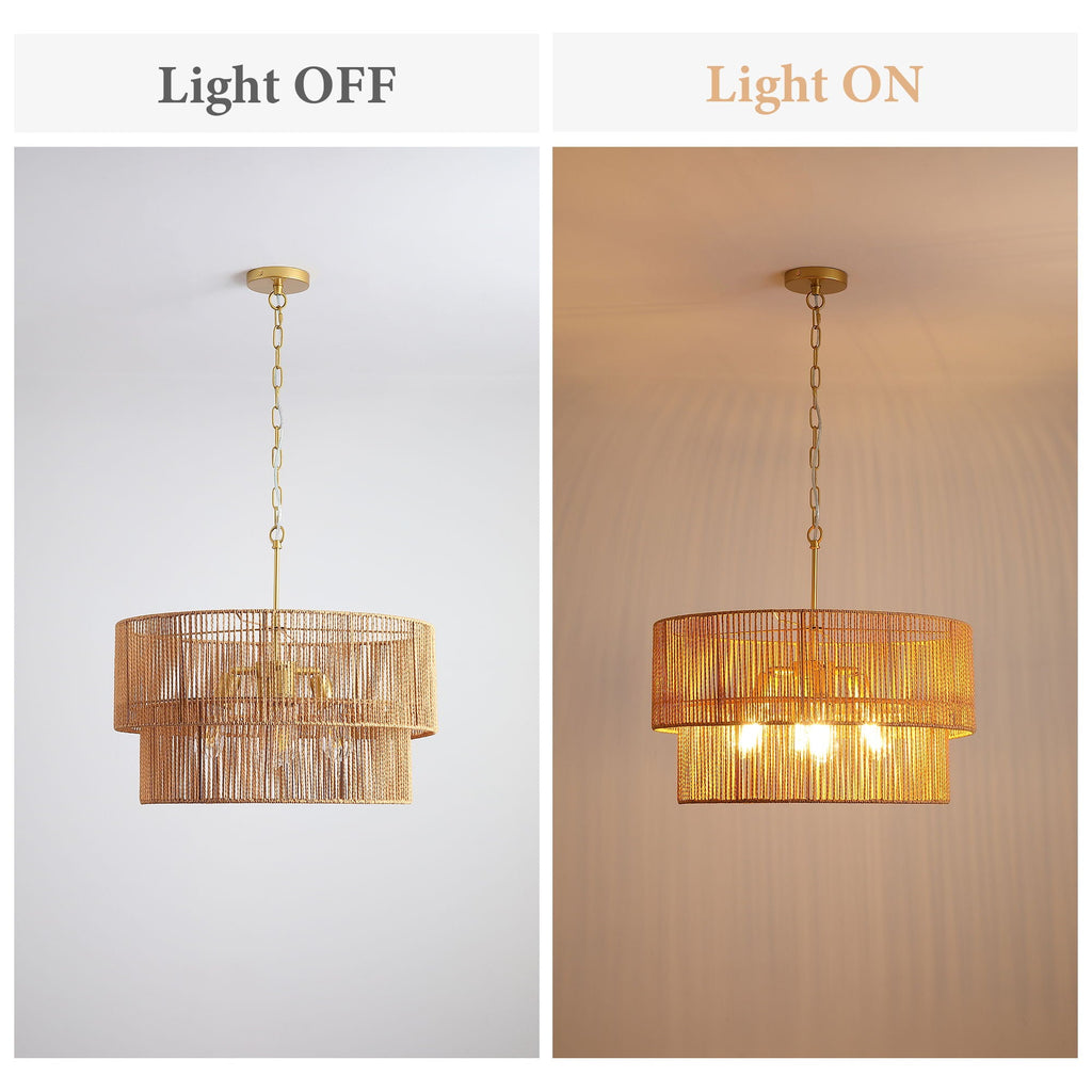 2 Tier Boho Wabi Sabi Chandelier with Handwoven Rattan Shade - Gold
