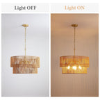 2 Tier Boho Wabi Sabi Chandelier with Handwoven Rattan Shade - Gold