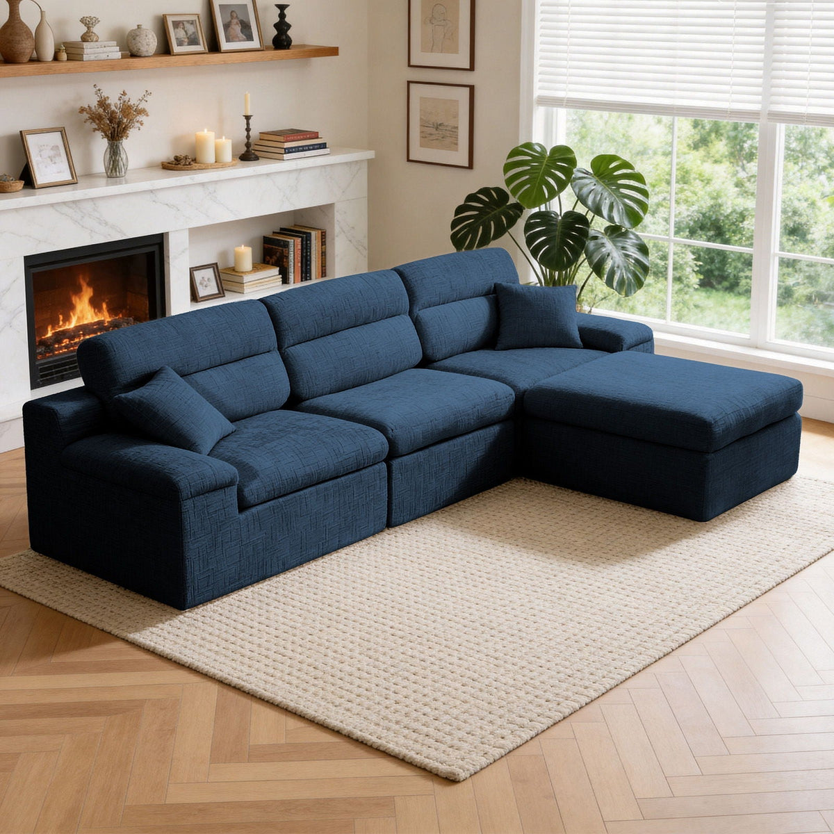 Corner Chaise Sofa with High Backrest - 2 Piece Living Room Set
