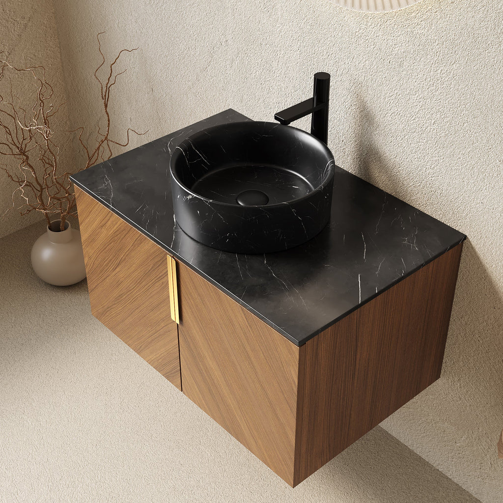 30" Wall-Mounted Bathroom Vanity with Ceramic Sink - Brown Oak