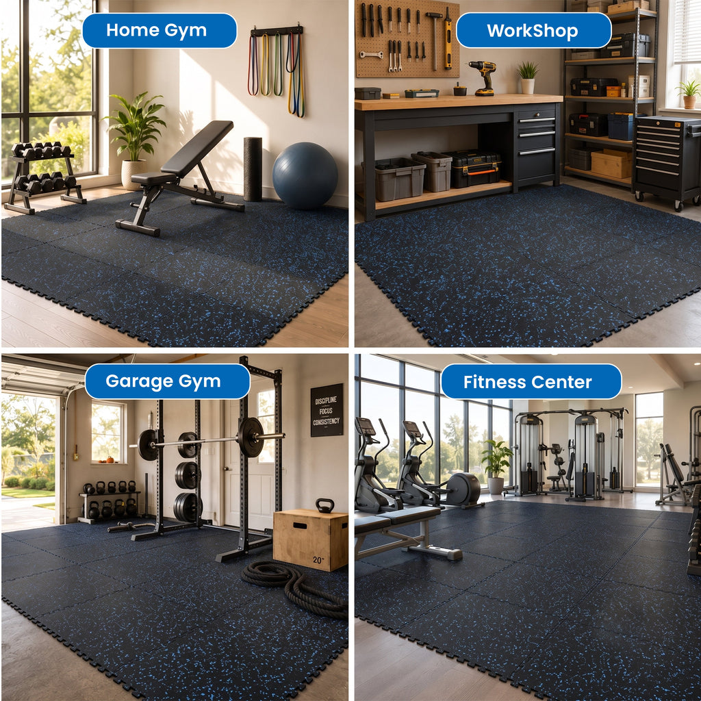 0.6 Inch Thick Gym Floor Mats with Interlocking Design - Black+Blue