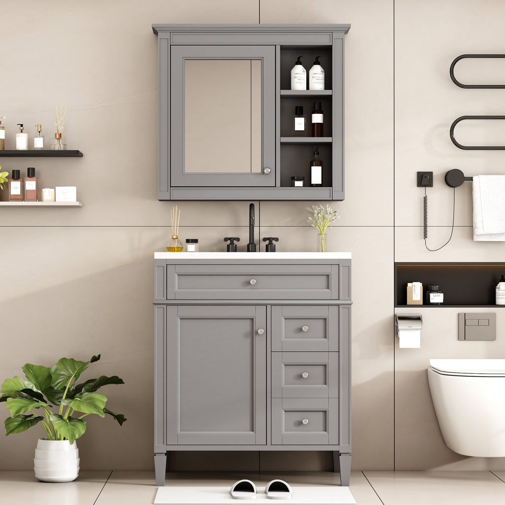 Gray Bathroom Vanity with Ceramic Sink, Storage Cabinet & Mirror