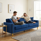 Upholstered 3-Seater Sofa with Metal Legs and Throw Pillows - 87.4 Inches