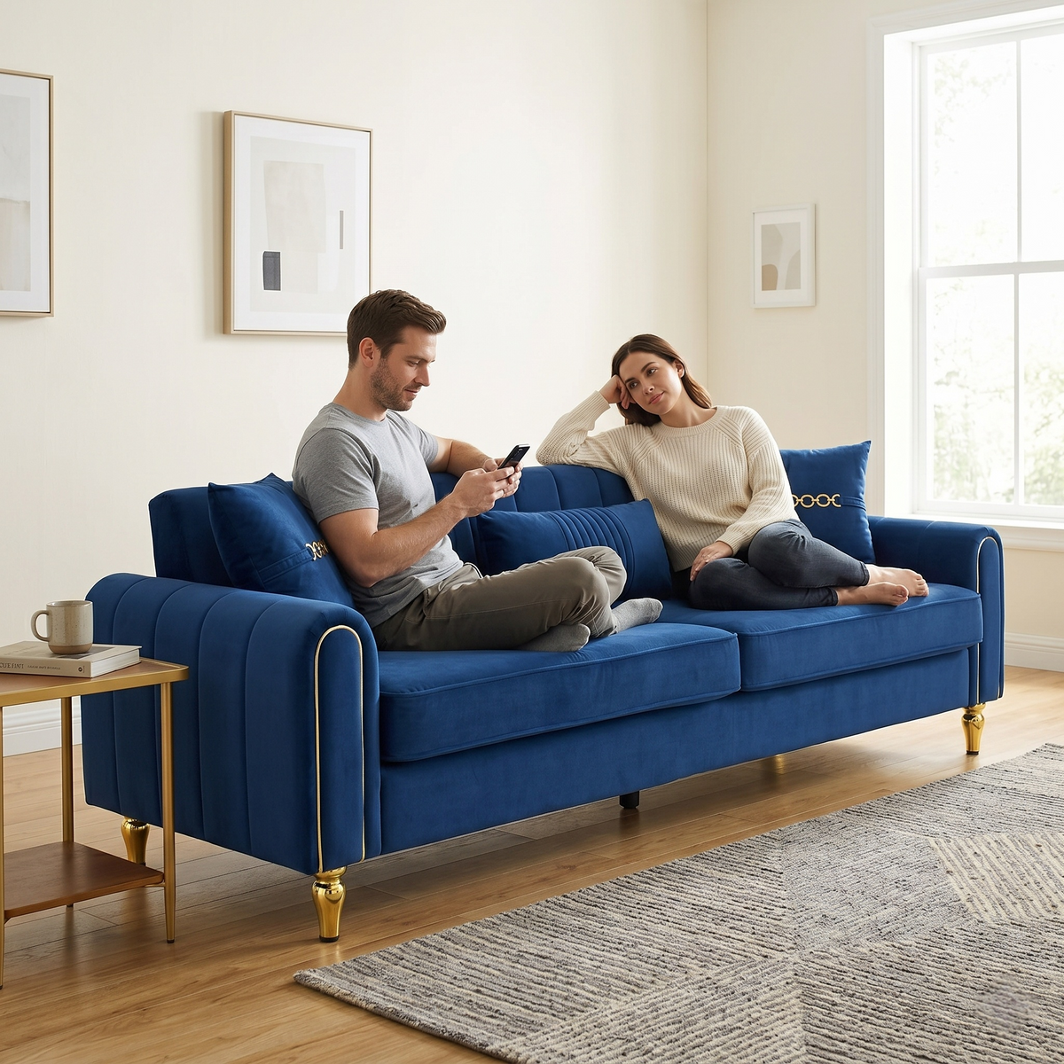 Upholstered 3-Seater Sofa with Metal Legs and Throw Pillows - 87.4 Inches