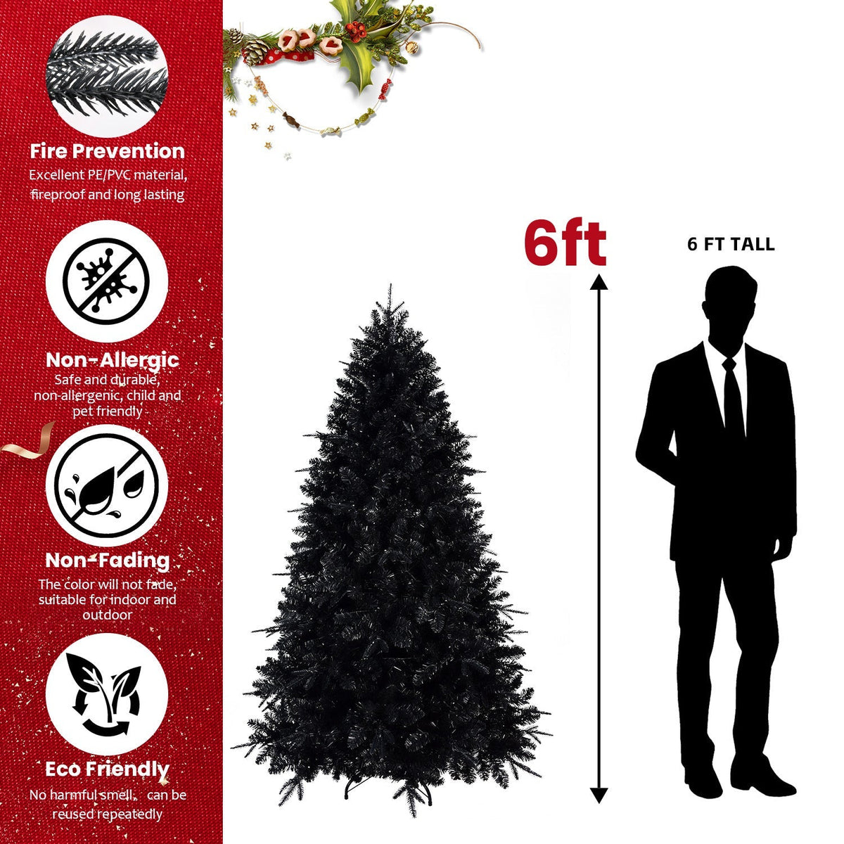 6-Foot Pre-Lit Black Christmas Tree with 350 LED Lights - Black
