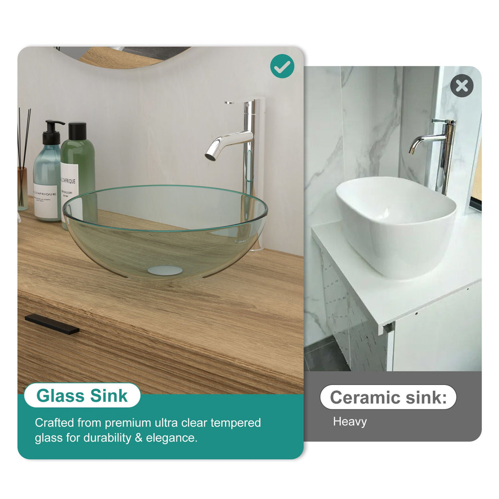 Tempered Glass Vessel Sink with Pop-Up Drain - White, Pearl Silver, Dark Brown, Dark Gray