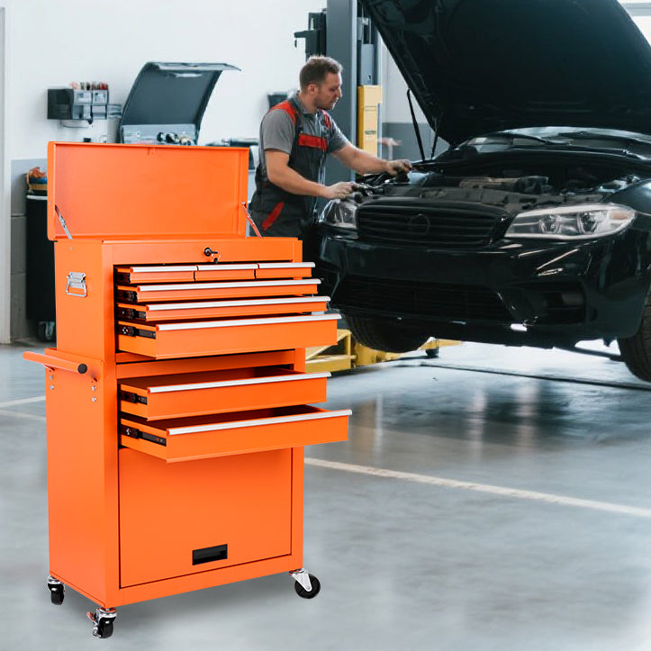 8-Drawer Rolling Tool Storage Cabinet with Detachable Top - Orange