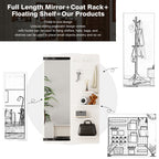 Full Length Wall Mounted Mirror with Shelf and Hook - Dark Brown, White, or Light Brown