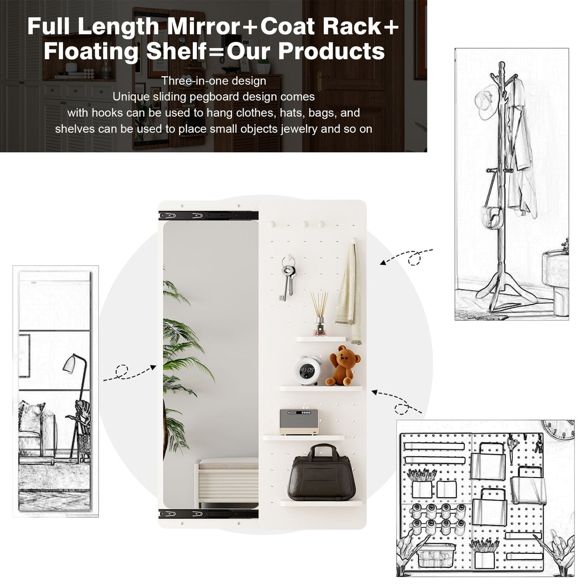 Full Length Wall Mounted Mirror with Shelf and Hook - Dark Brown, White, or Light Brown
