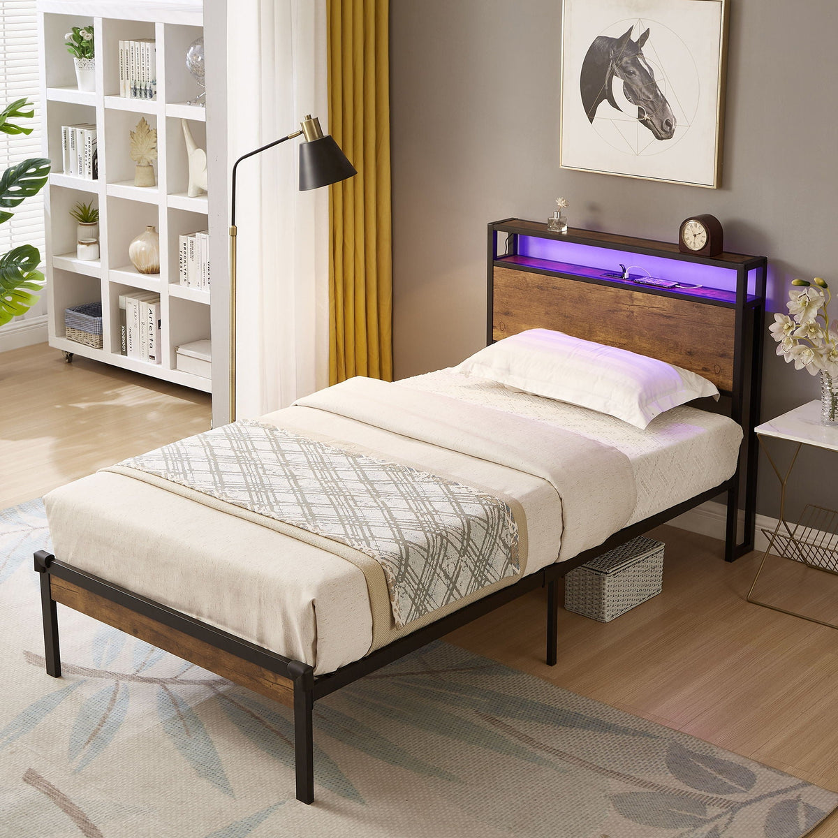 Twin Size Platform Bed Frame With LED Lights And USB Charging Port