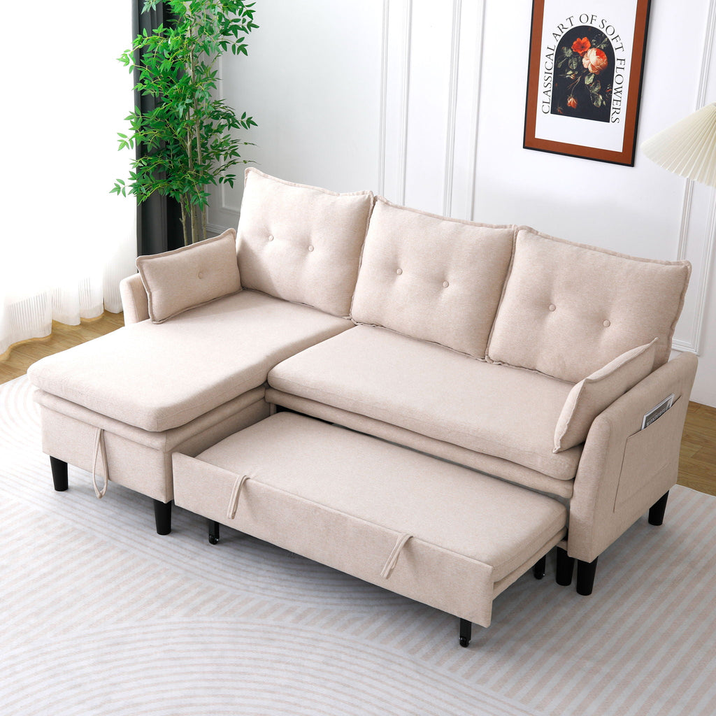 Reversible Chaise Sleeper Sectional Sofa with Storage - Cotton-Linen Upholstery