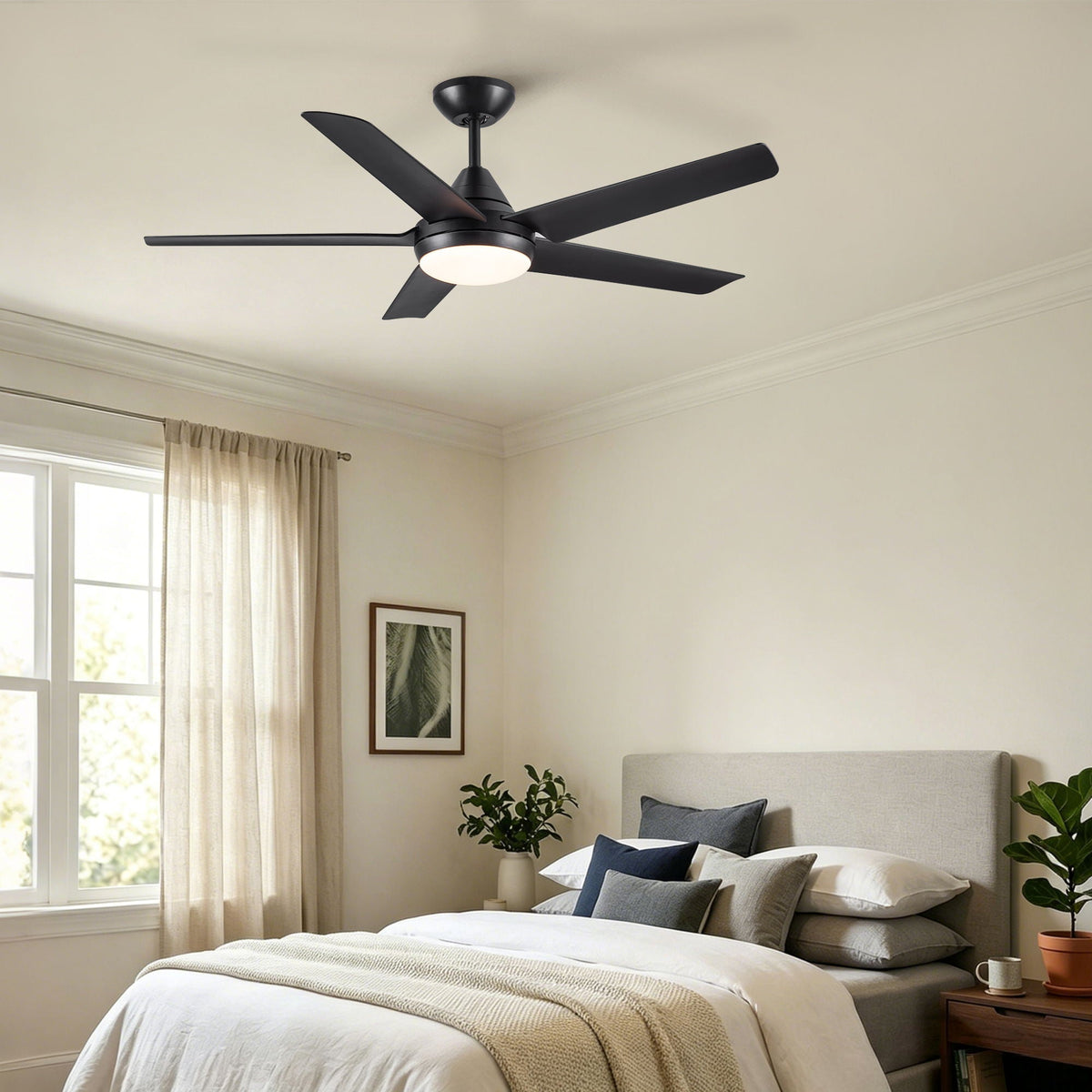 48" Black Ceiling Fan with Dimmable LED Light and Remote Control - Reversible Motor