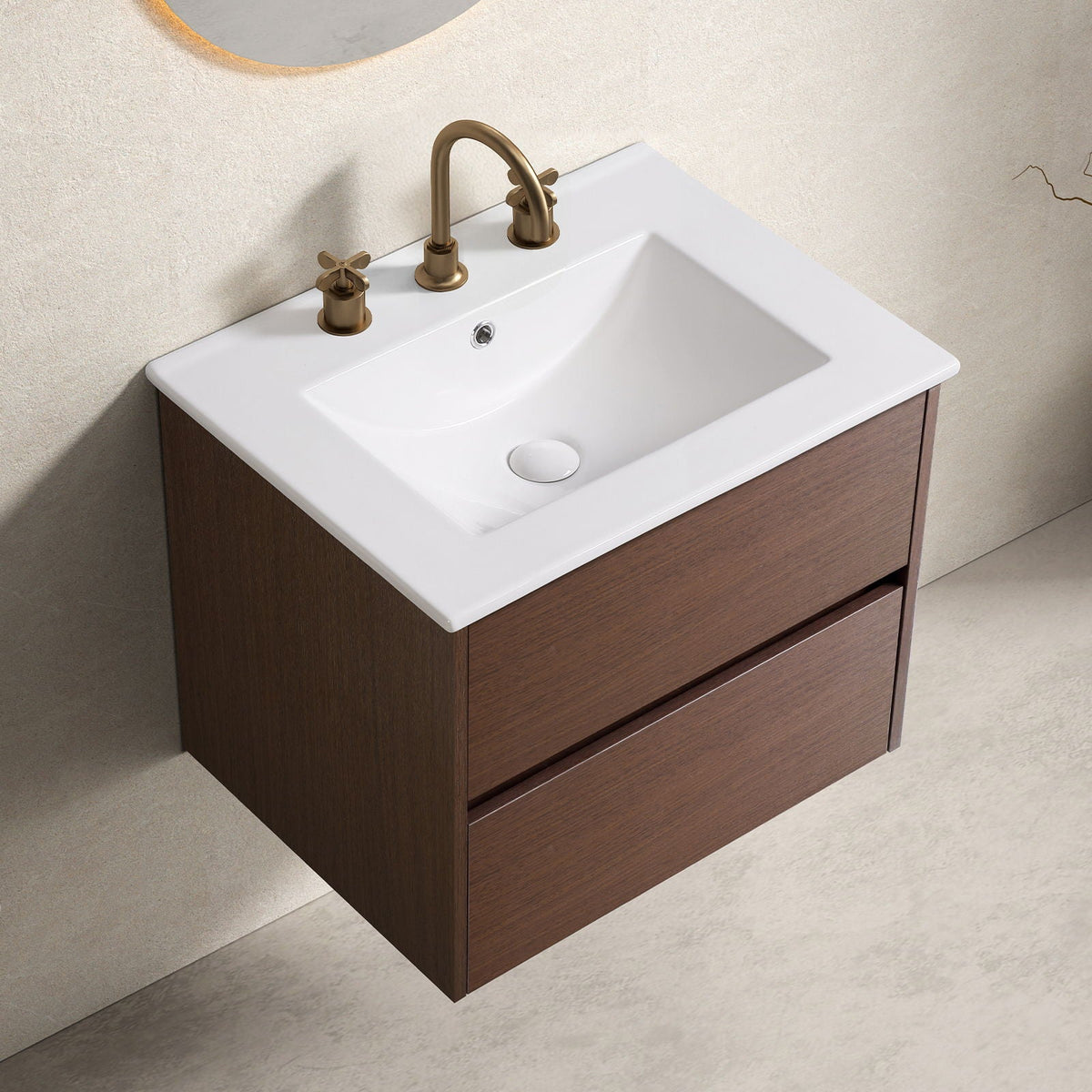 Bathroom Vanity with Wall Hang Storage and Porcelain Basin - Brown / White