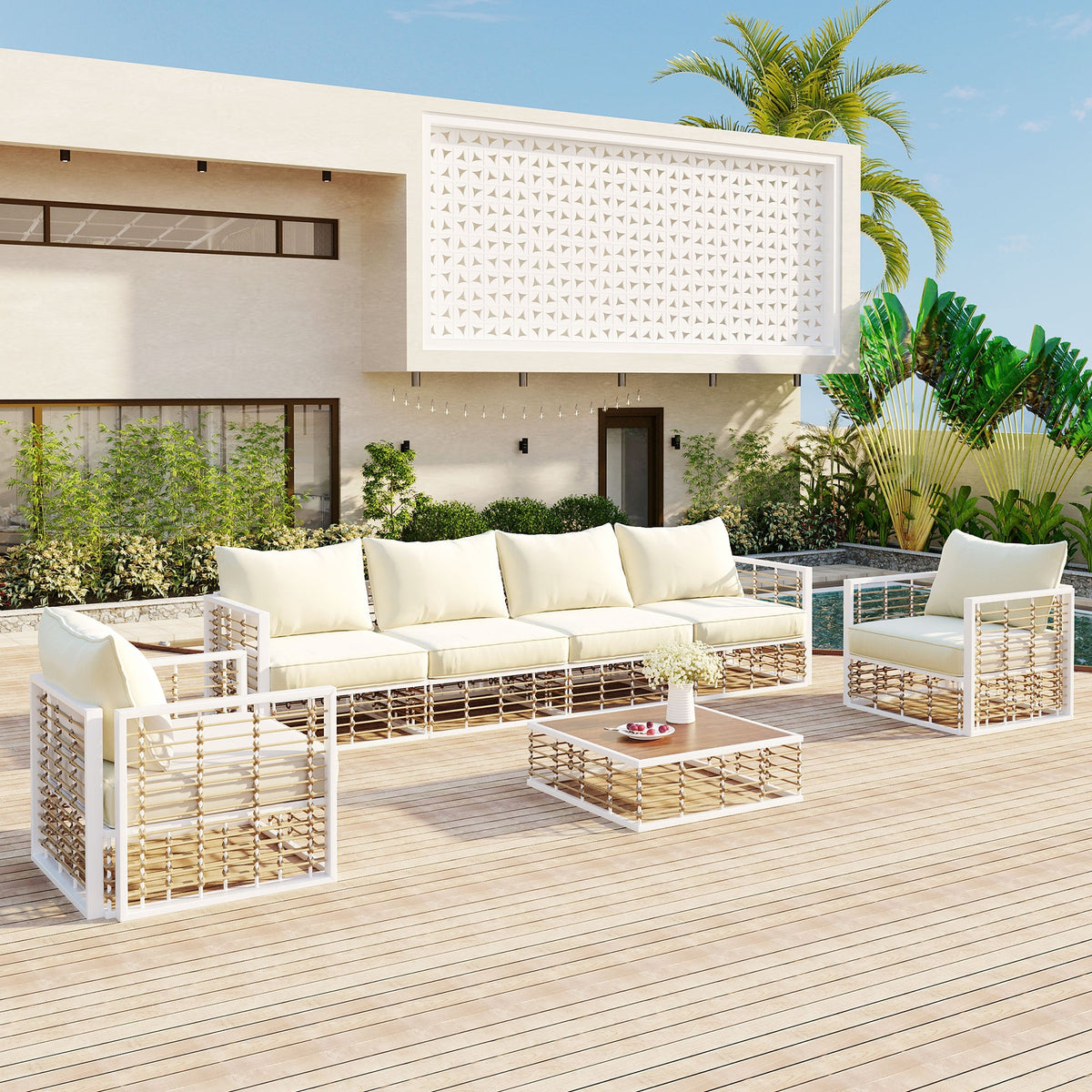 Modern Minimalist 7-Piece Metal Patio Sectional Sofa Set with Cushions - Black